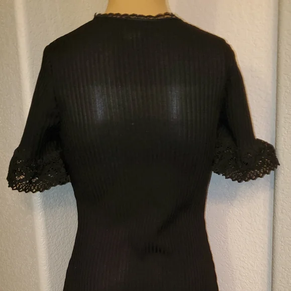 Womens Vintage Union Made Dress 70s Black knit S small macrame lace Judy Gibbs - Picture 14 of 15